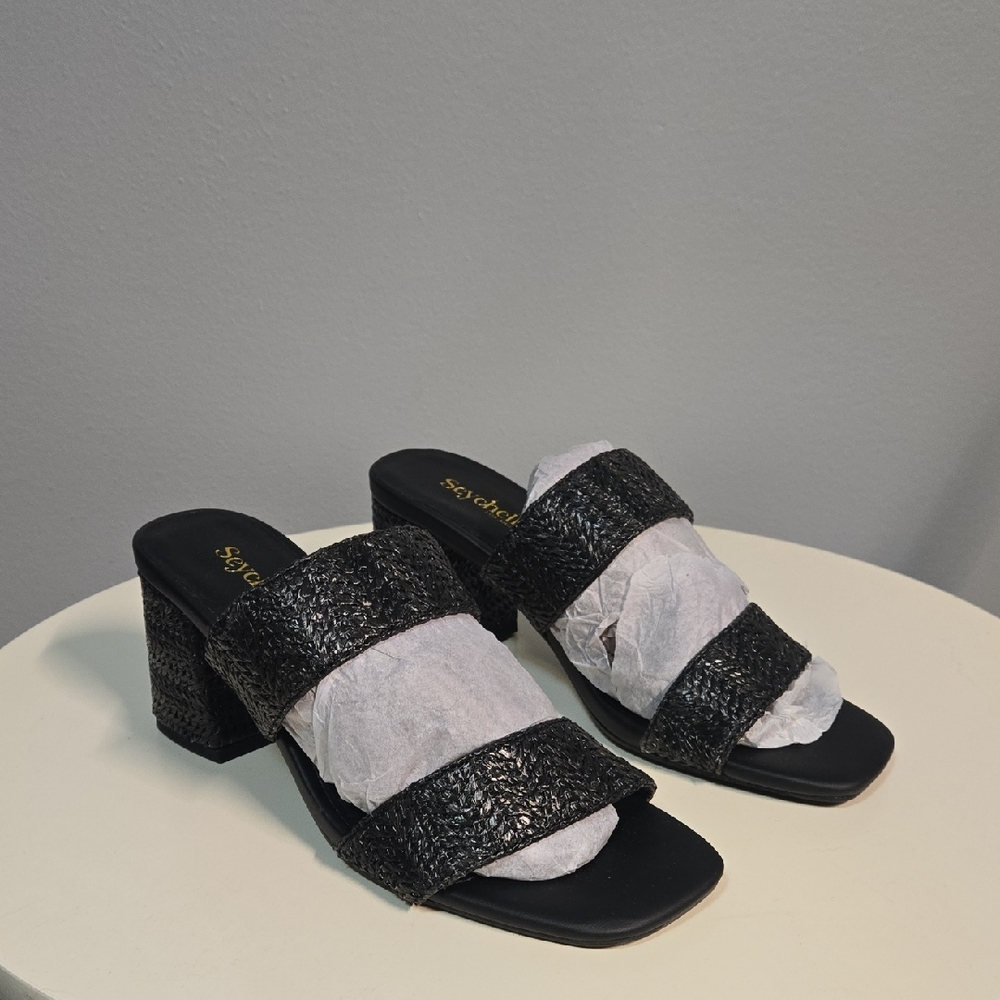 Seychelles Double Band Raffia Heeled Sandals - Charli -Black -W6.6